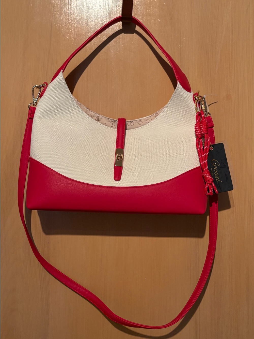 Crossover Two-Tone Red & White Cotton Canvas Shoulder Bag With Charms NWT